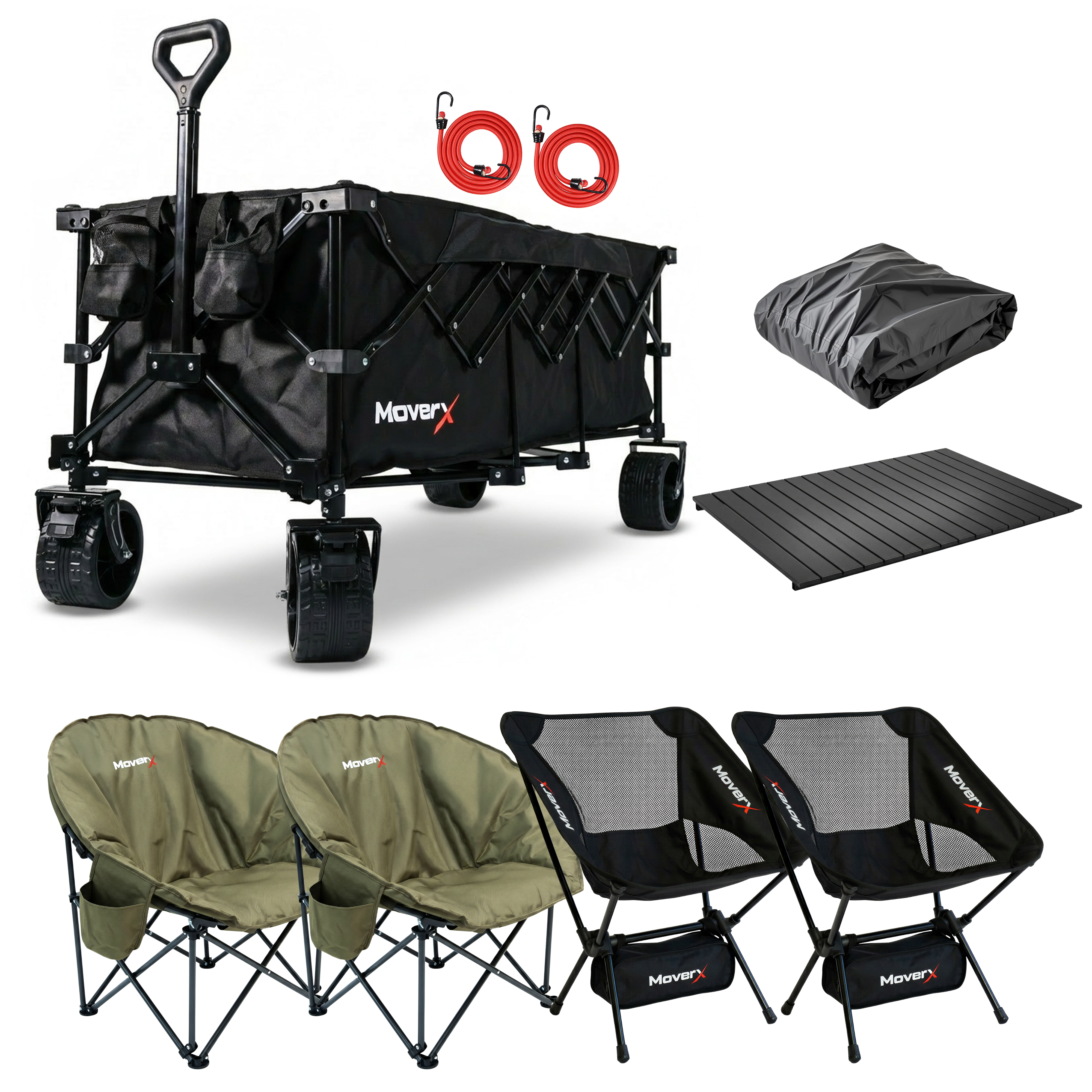 300L Trolley, 2 Khaki Moon Chairs, 2 Low Camping Chairs, Raincover & Tabletop Bundle