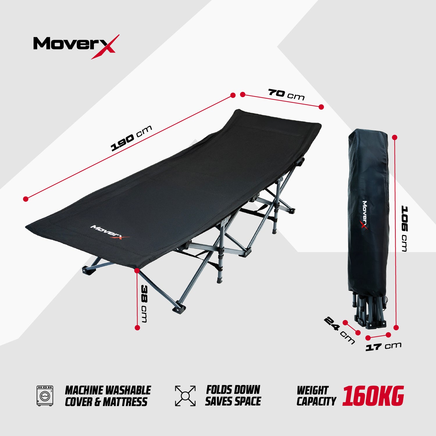 MoverX Folding Camping Bed with Mattress, 160kg, Black