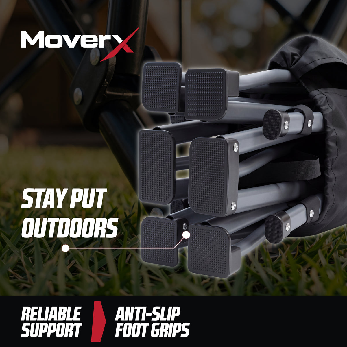 MoverX folding camping bed featuring anti-slip foot grips for reliable outdoor support.