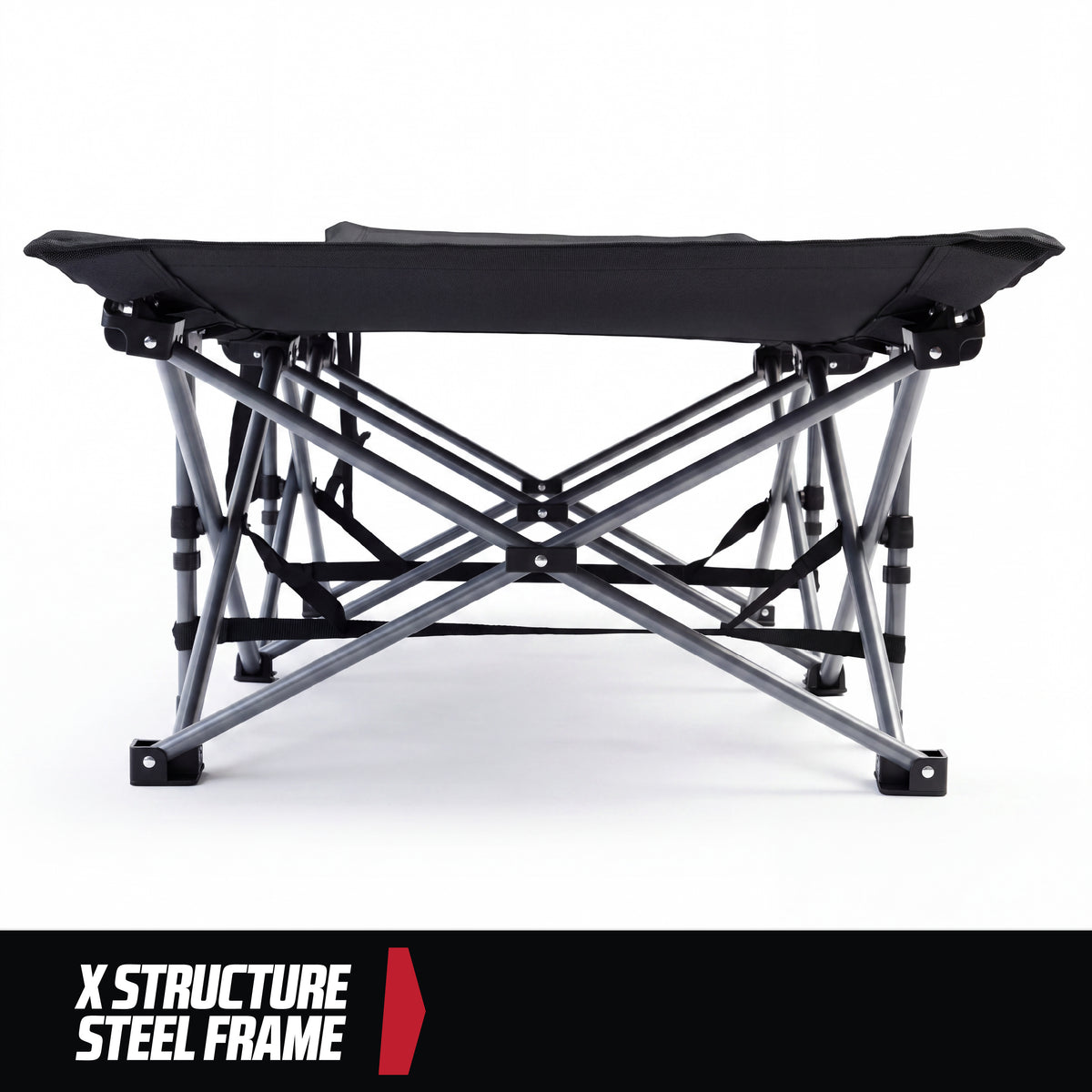 MoverX folding camping bed with a durable black x-structure steel frame.
