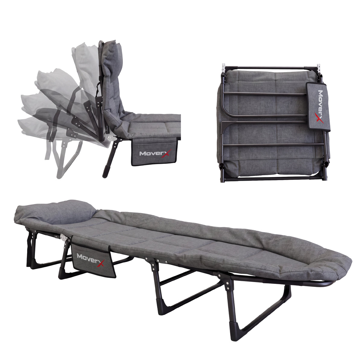 MoverX folding camping bed with adjustable backrest shown in open and folded positions.