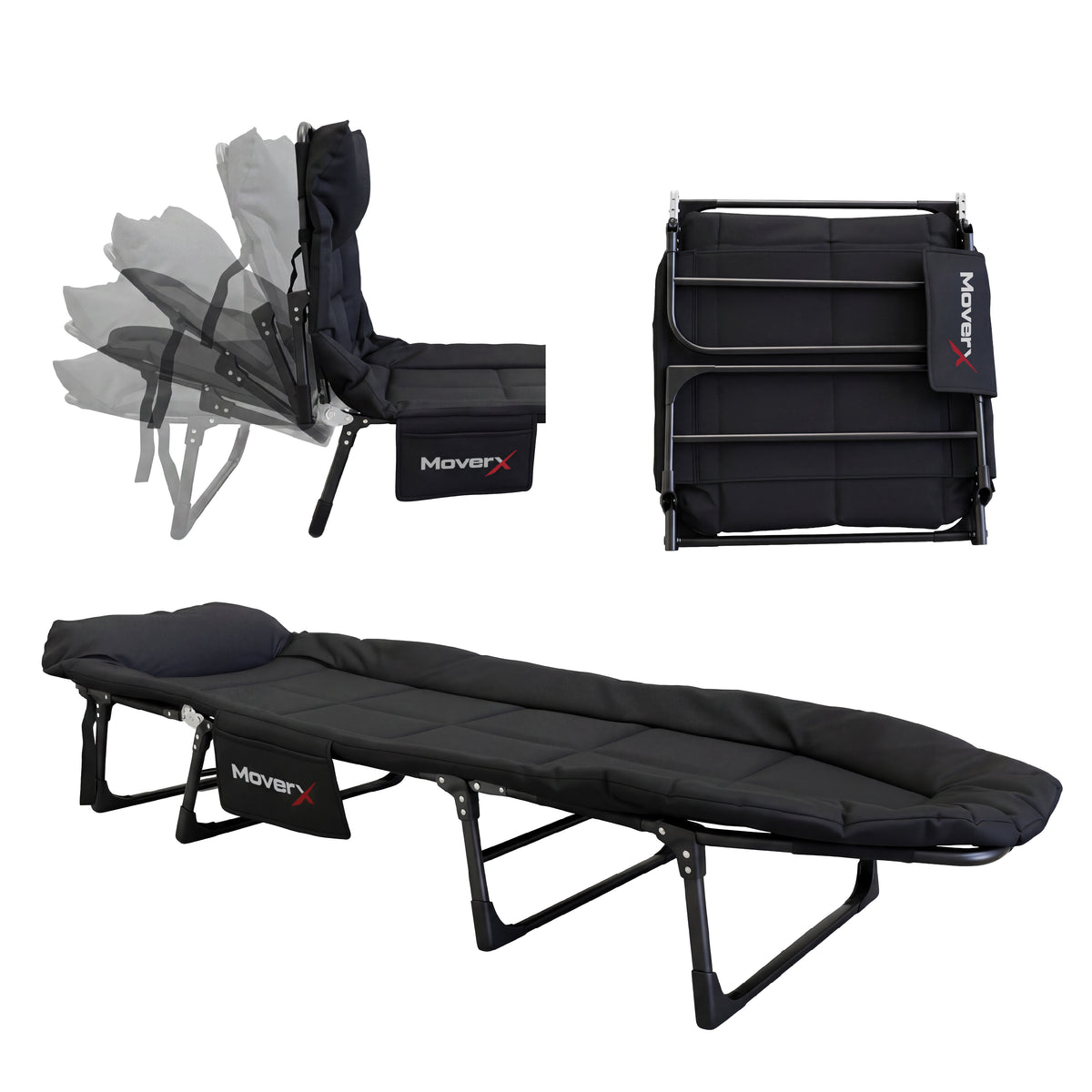 MoverX folding camping bed with adjustable backrest shown unfolded and folded.