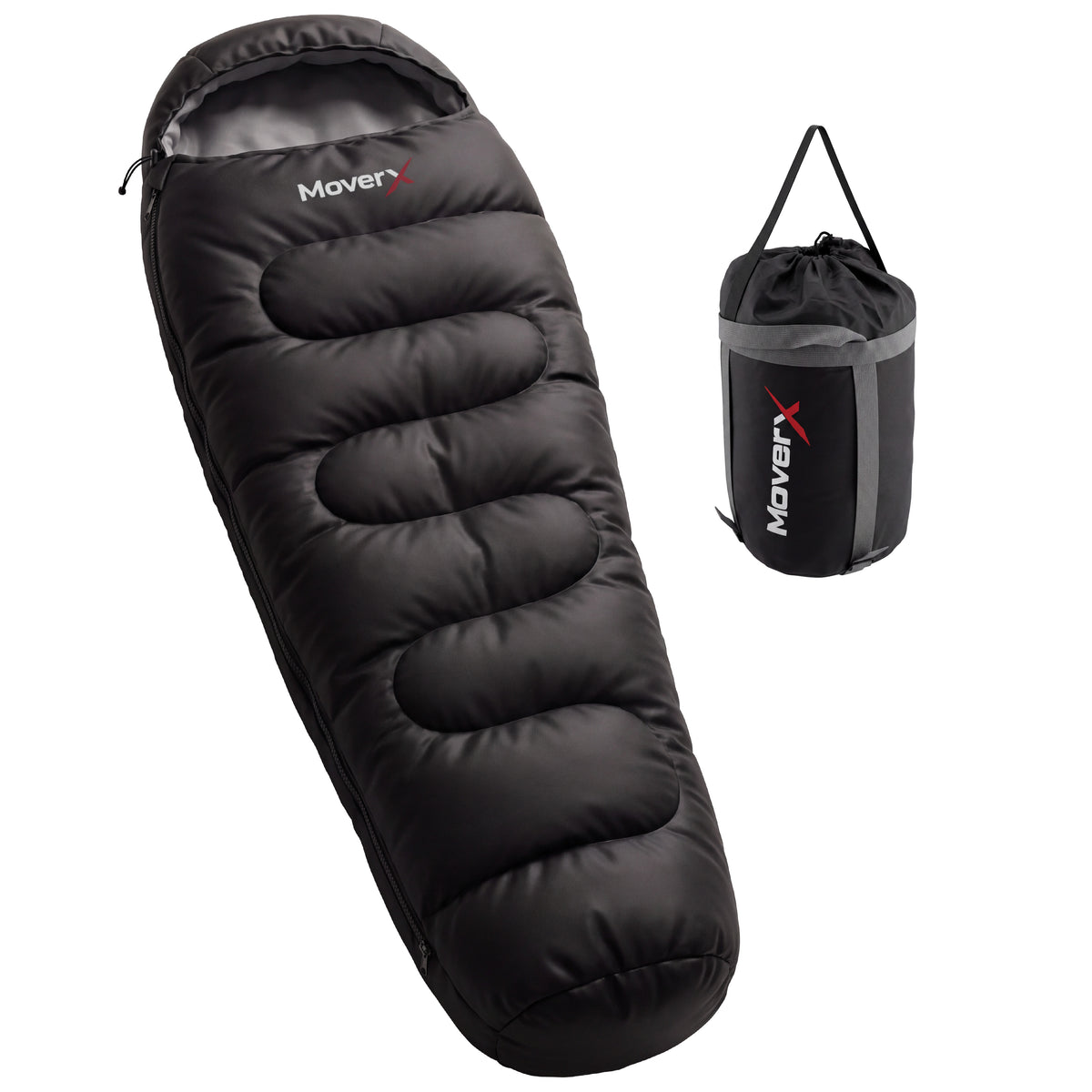 MoverX all seasons camping sleeping bag in black with matching storage carry bag