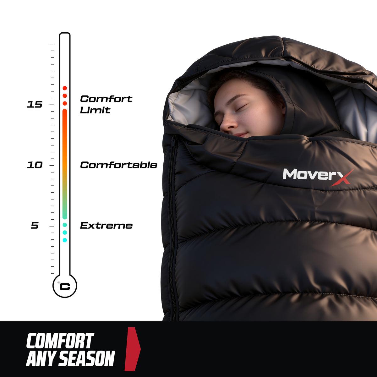 Woman sleeping in a MoverX all-seasons camping sleeping bag with a temperature scale.