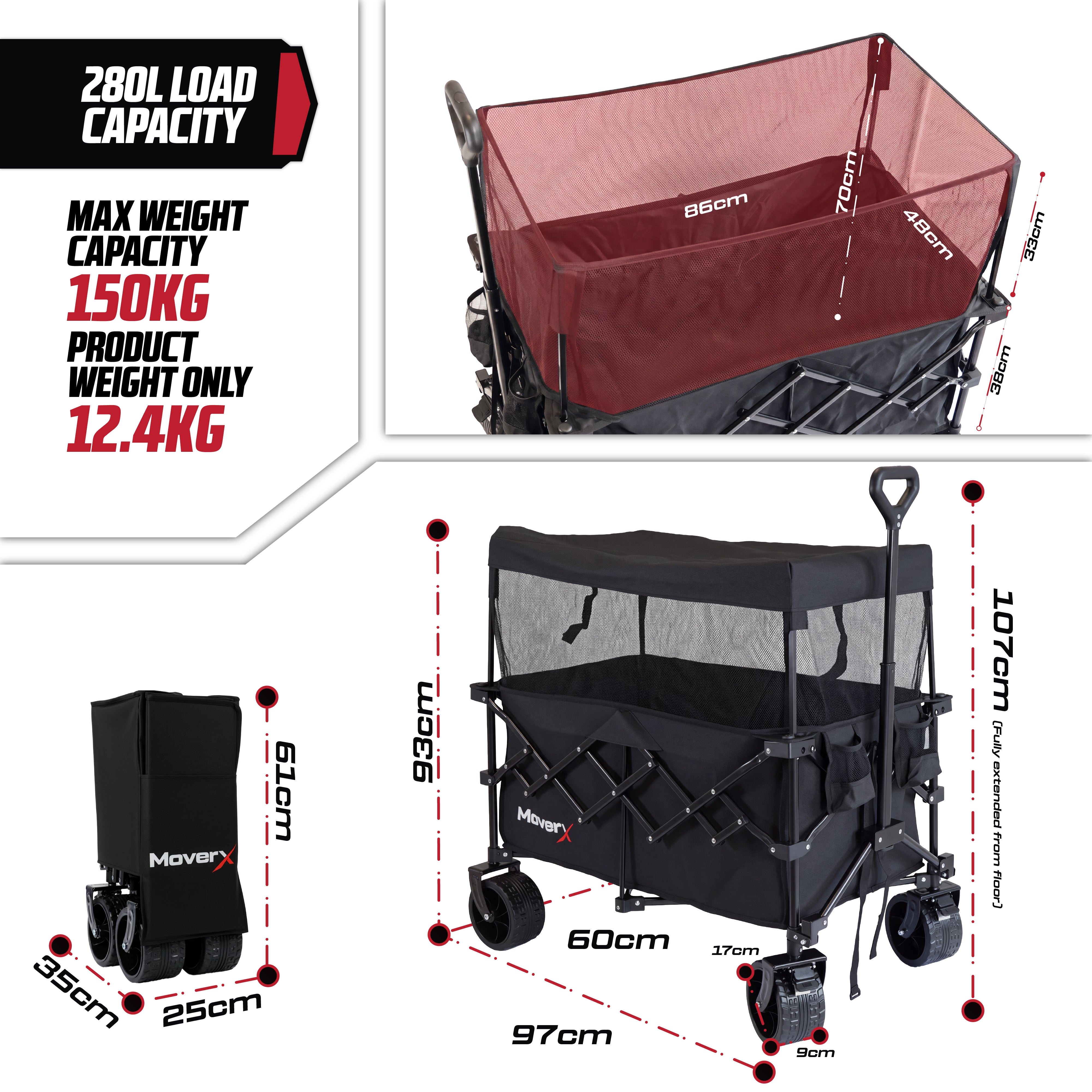 MoverX 200L/150kg Folding Festival Wagon with Canopy