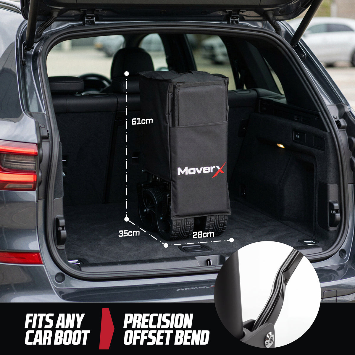 MoverX folding camping trolley folded in a car boot with dimensions shown.