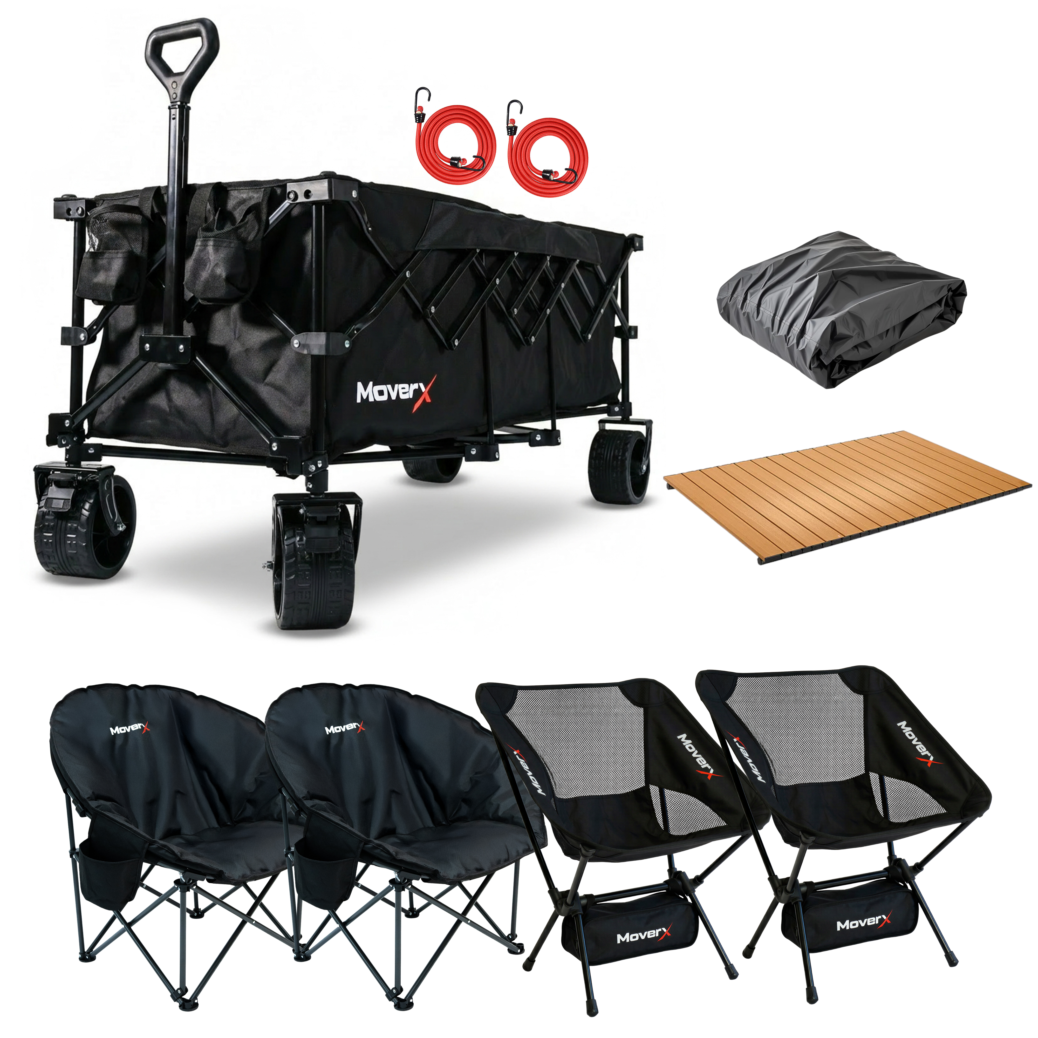 300L Trolley, 2 Moon Chairs, 2 Low Camping Chairs, Raincover & Tabletop Bundle