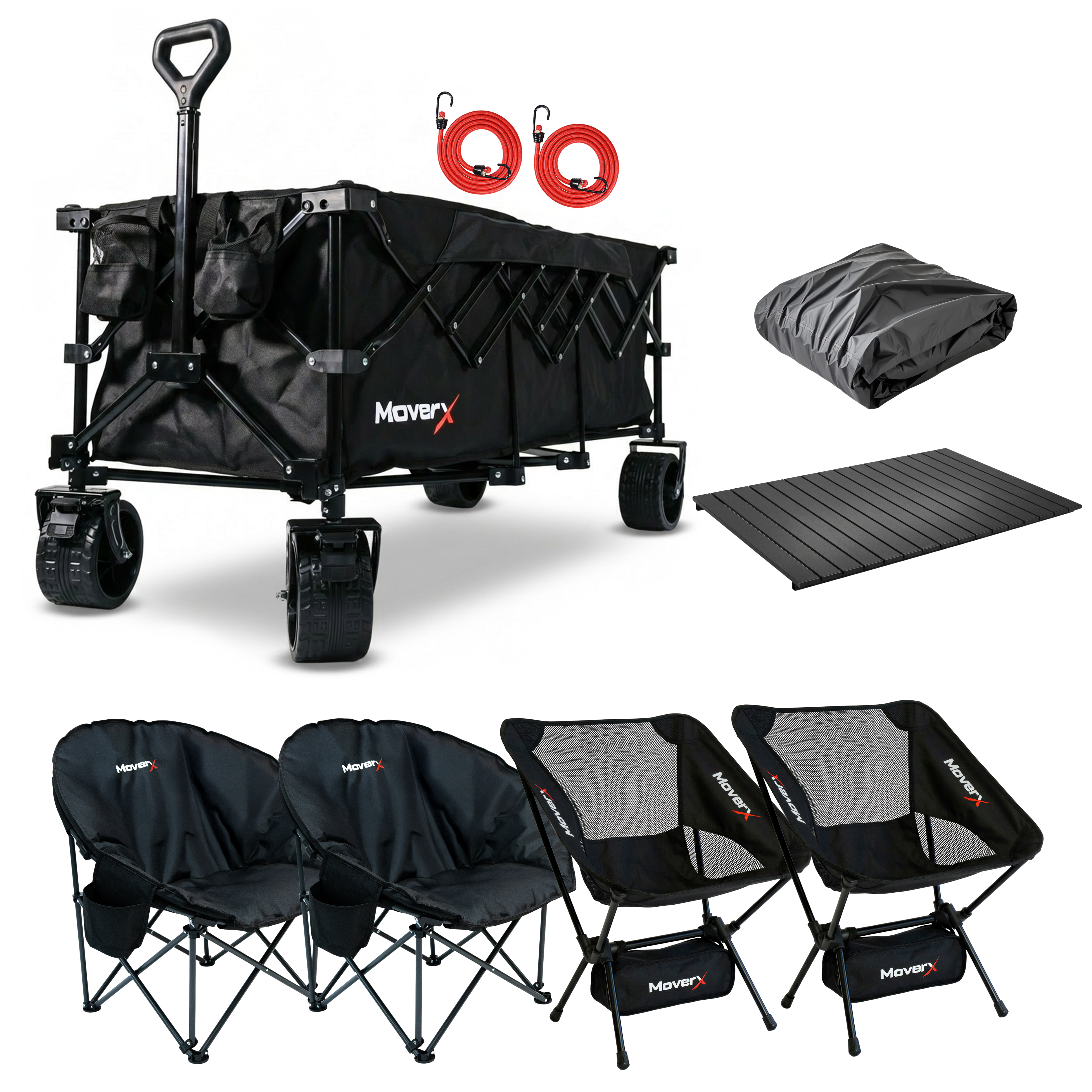 300L Trolley, 2 Moon Chairs, 2 Low Camping Chairs, Raincover & Tabletop Bundle