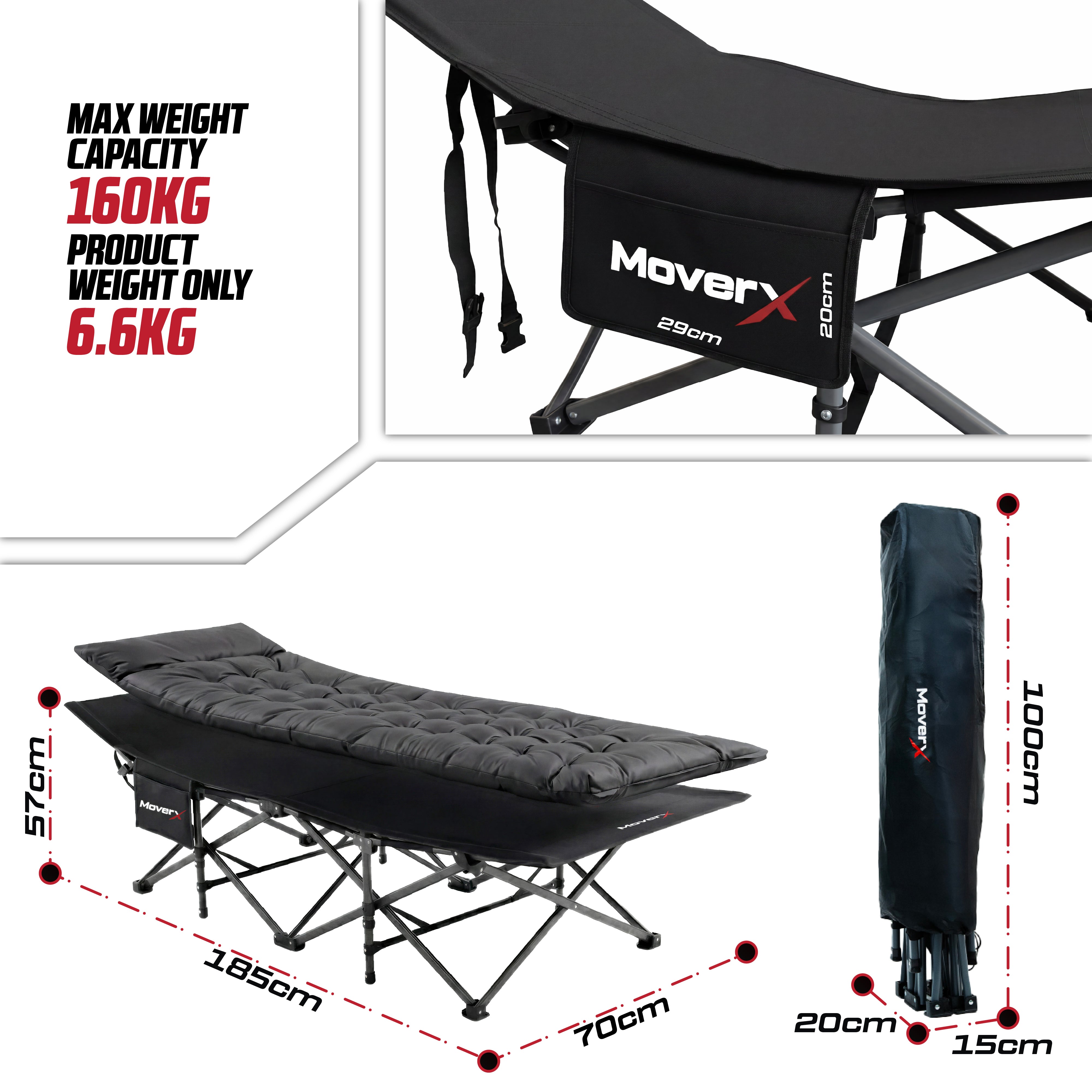 MoverX Folding Camping Bed Single with Extra Thick Mattress - Capacity 160kg, Black