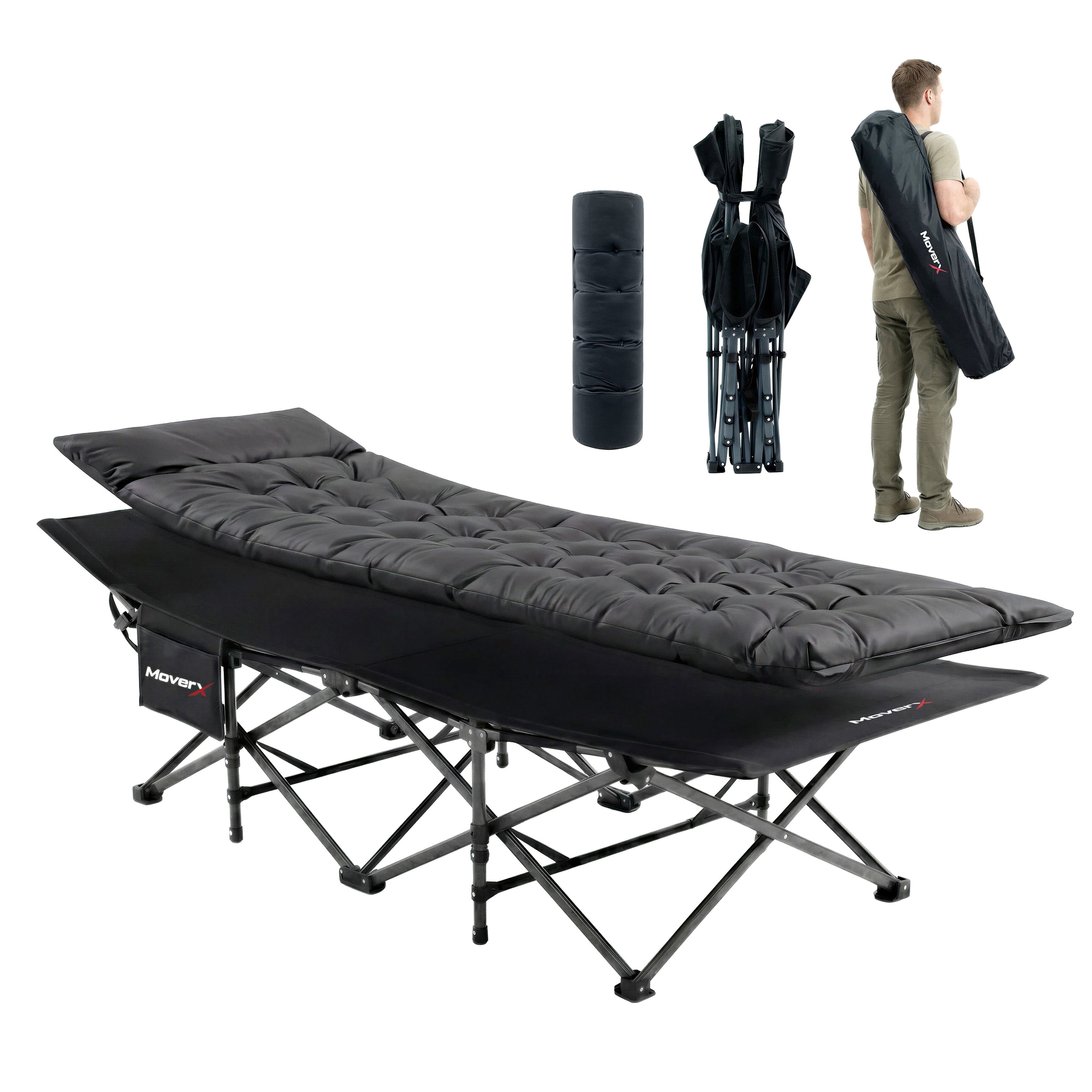 MoverX Folding Camping Bed Single with Extra Thick Mattress, Capacity 160kg, Black