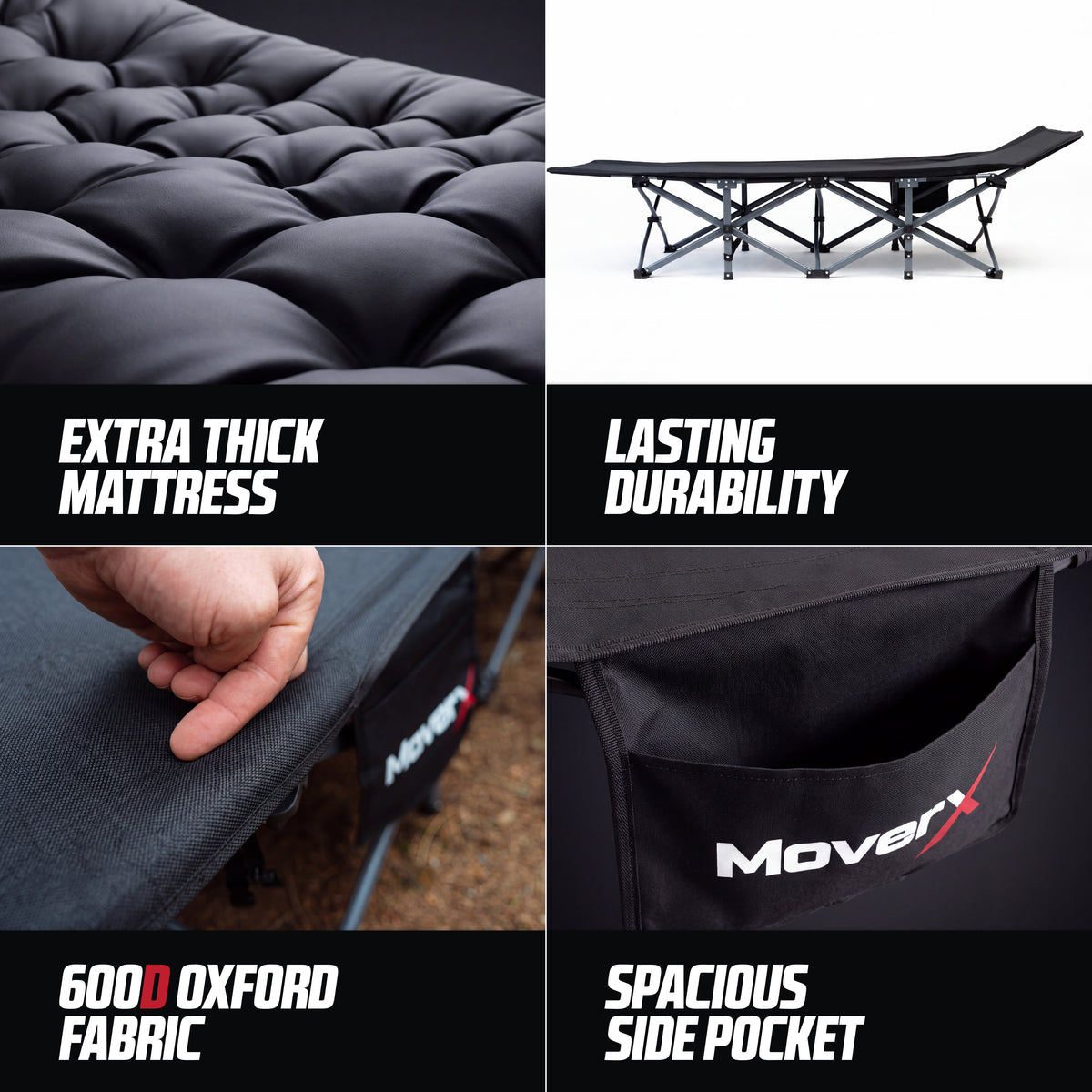 MoverX folding camping bed featuring thick mattress, 600D Oxford fabric, and side pocket.