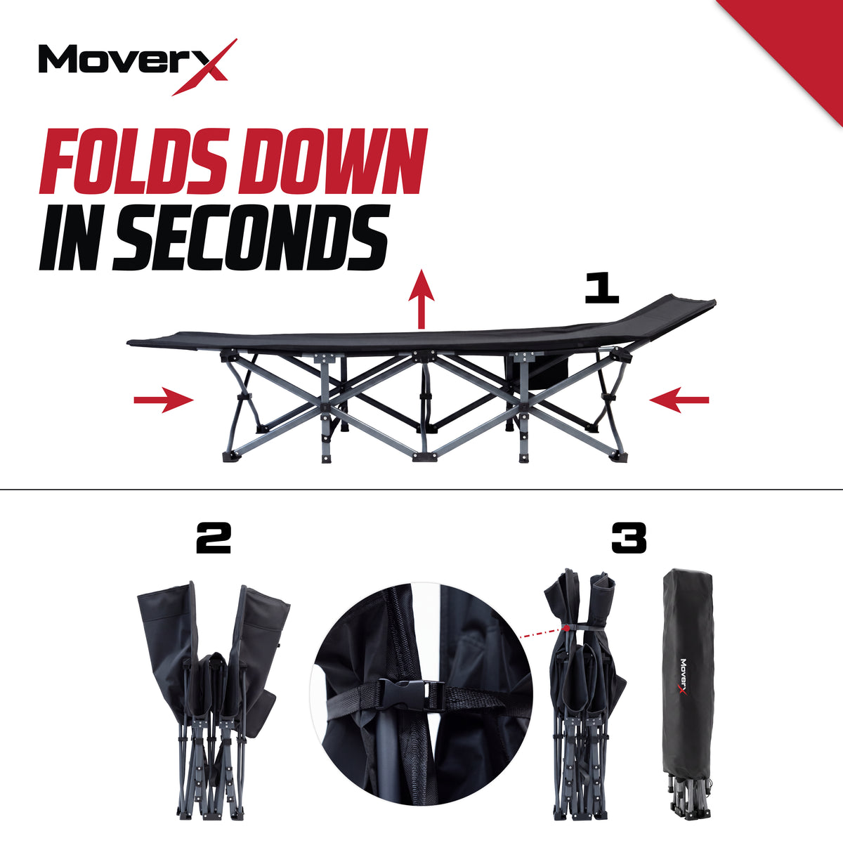 Step-by-step guide showing how to fold a MoverX folding camping bed into a compact carry bag.