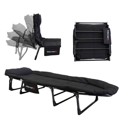 MoverX folding camping bed with adjustable backrest shown unfolded and folded.