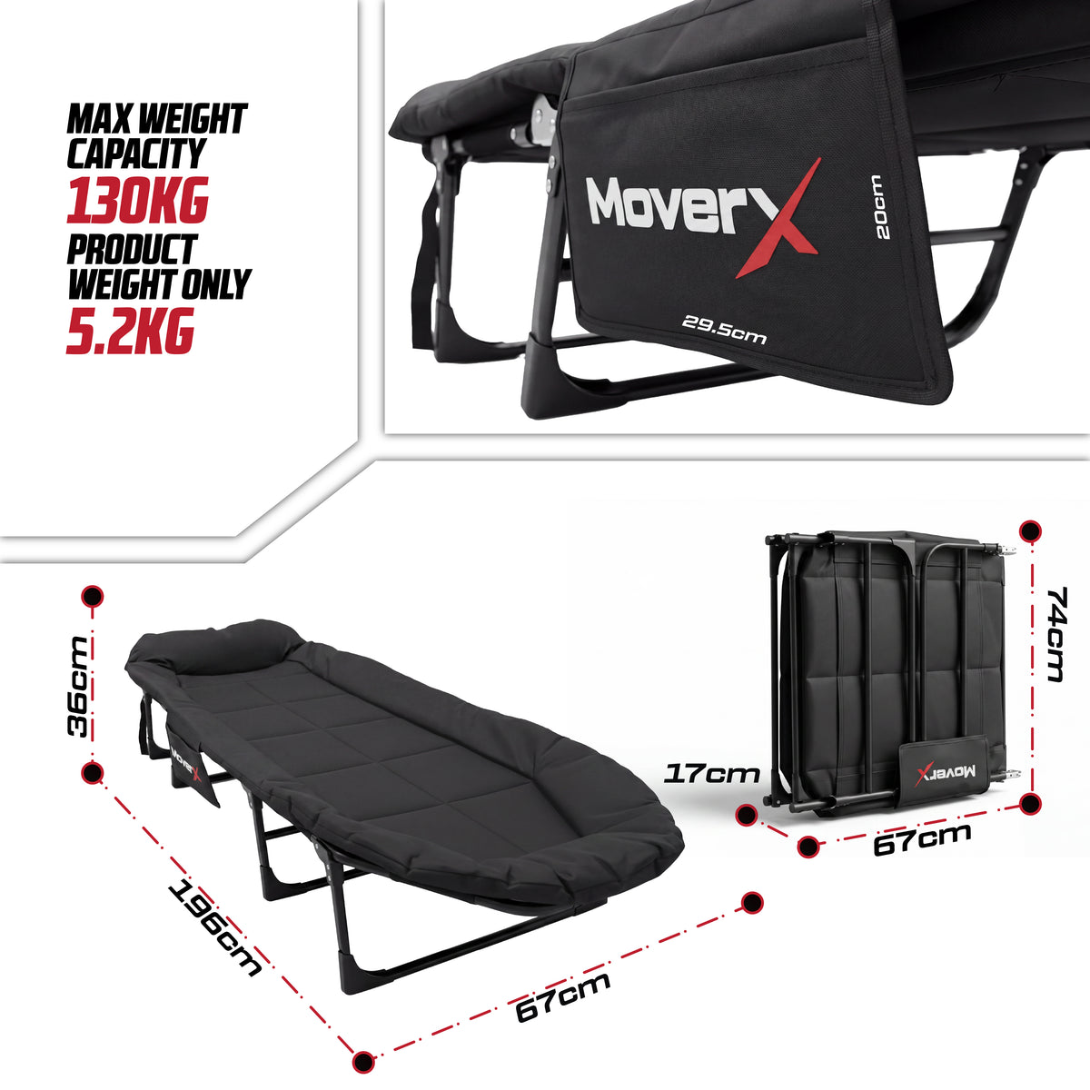 MoverX Folding Camping Bed with adjustable backrest, 130kg capacity and dimensions.