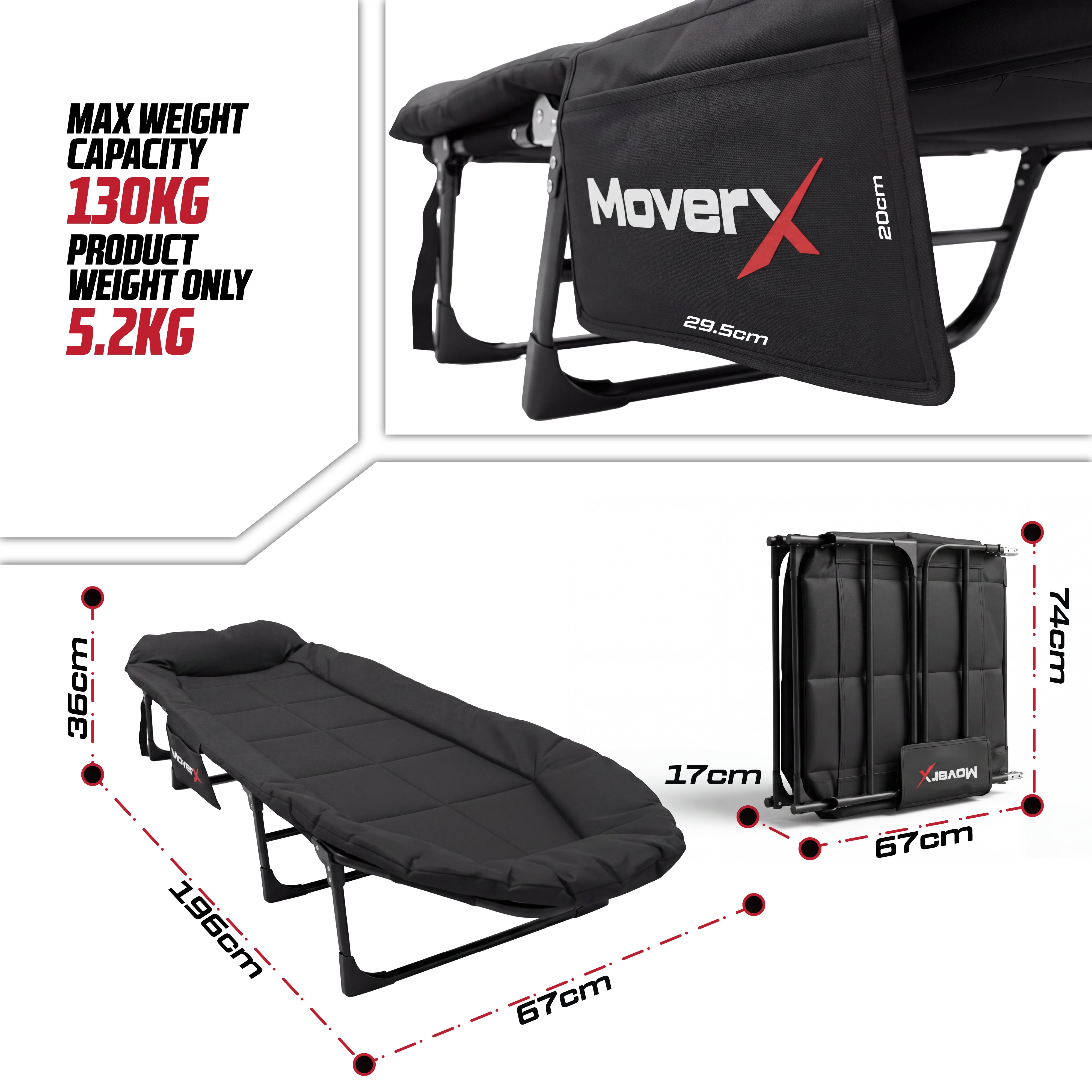 MoverX Folding Camping Bed with Adjustable Backrest - Capacity 130kg