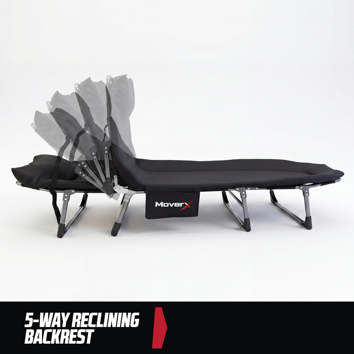 MoverX folding camping bed featuring a 5-way reclining adjustable backrest.