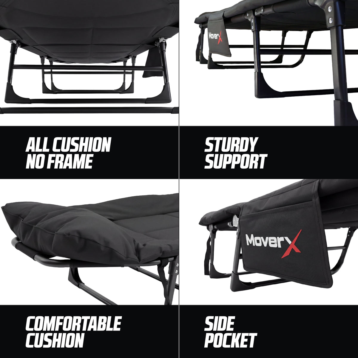 MoverX folding camping bed featuring a comfortable cushion, sturdy support, and a side pocket.
