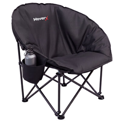 MoverX lightweight moon camping chair in black with a water bottle in the side pocket