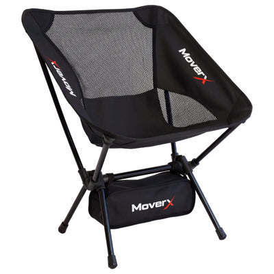 A black MoverX folding camp chair with a mesh seat and backrest, supported by a black metal frame, with a matching black carrying pouch hanging below. The MoverX brand name is printed in white and red on the chair and pouch.