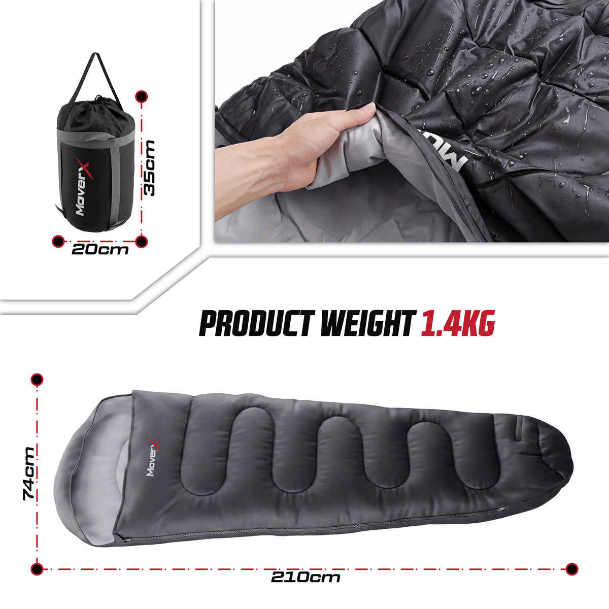 MoverX all seasons camping sleeping bag with dimensions, weight 1.4kg, and carrying bag.