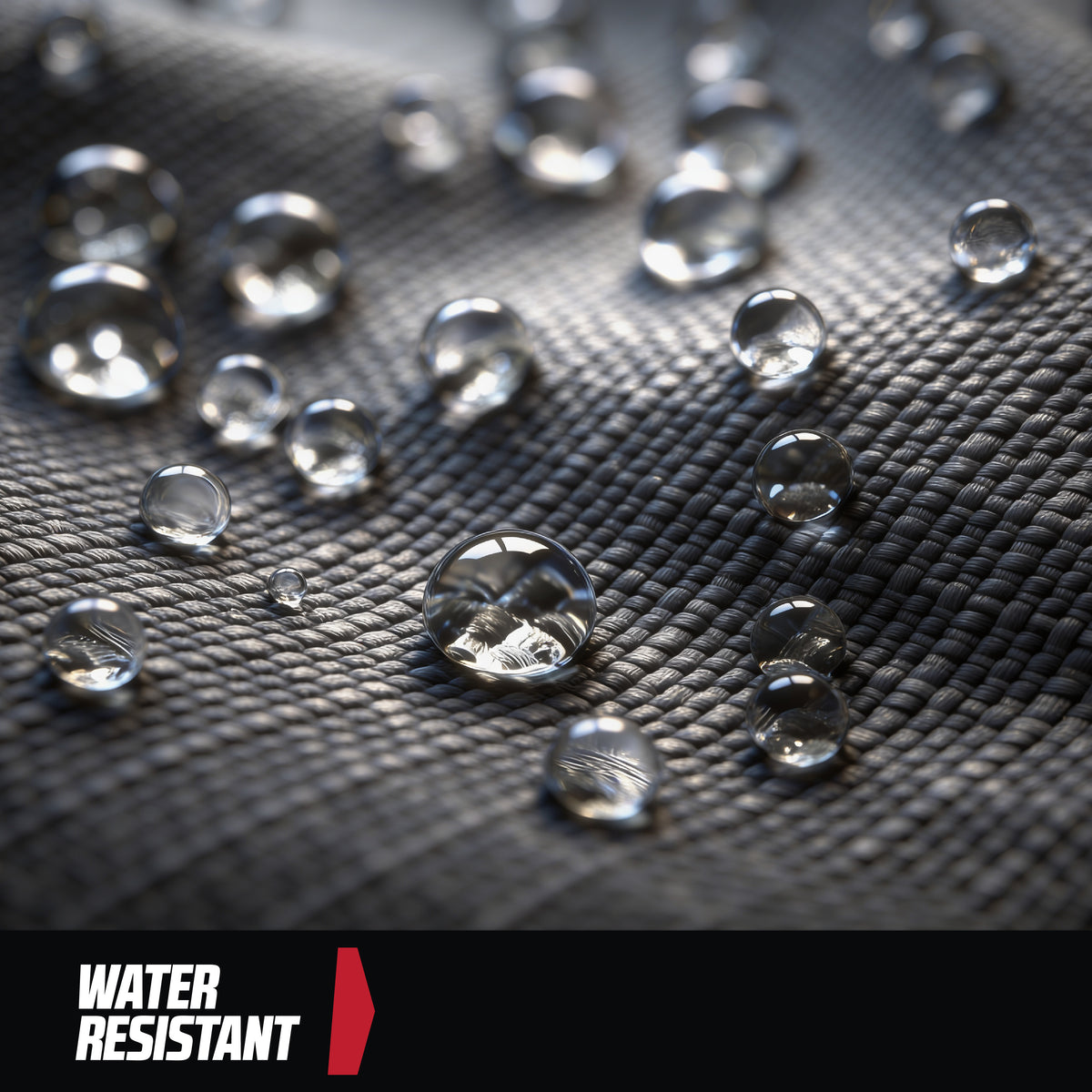 Close-up of water droplets on water-resistant MoverX fabric with 'WATER RESISTANT' text overlay.