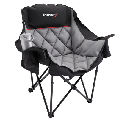 MoverX oversized foldable camping chair with grey padded seat and side cup holder