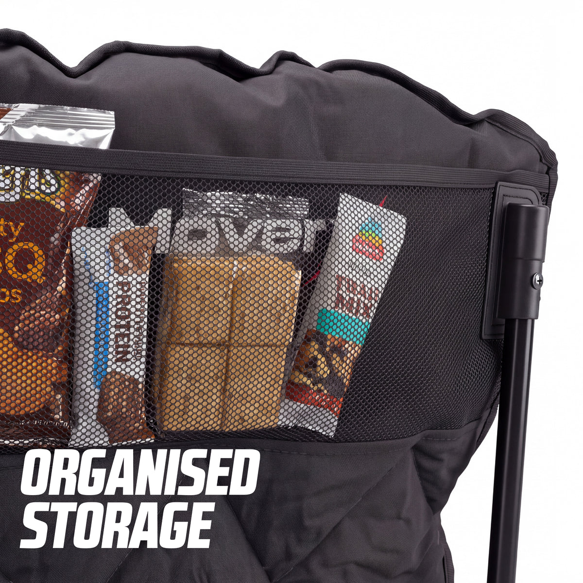 Close-up of the mesh storage pocket on a MoverX camping chair filled with snacks.