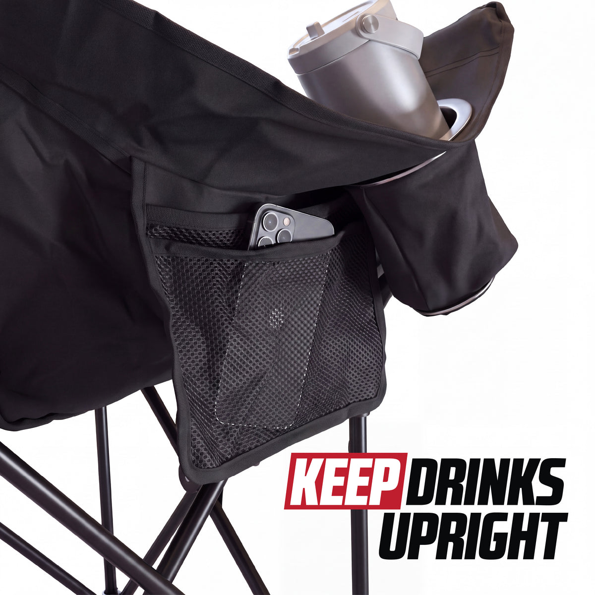 MoverX oversized camping chair with side mesh pocket holding a phone and a cup holder.