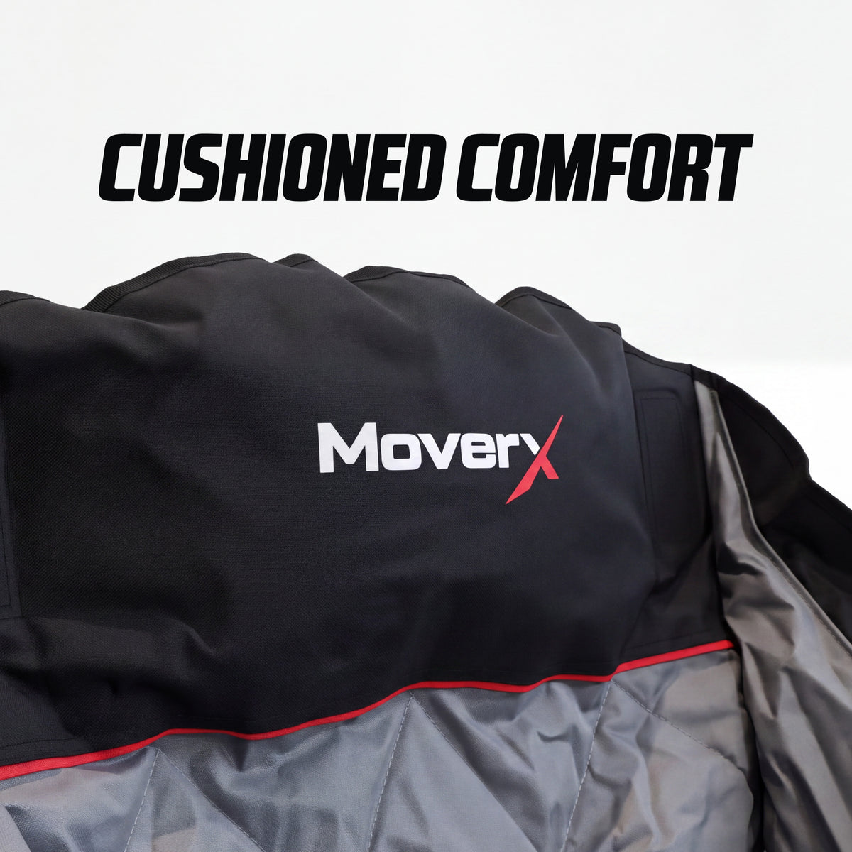 Close-up of MoverX oversized camping chair showing cushioned comfort and durable black fabric.