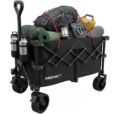 MoverX black folding camping trolley loaded with outdoor gear and water bottles