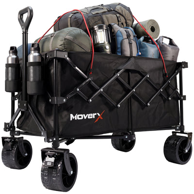 MoverX black folding camping trolley loaded with outdoor gear and water bottles