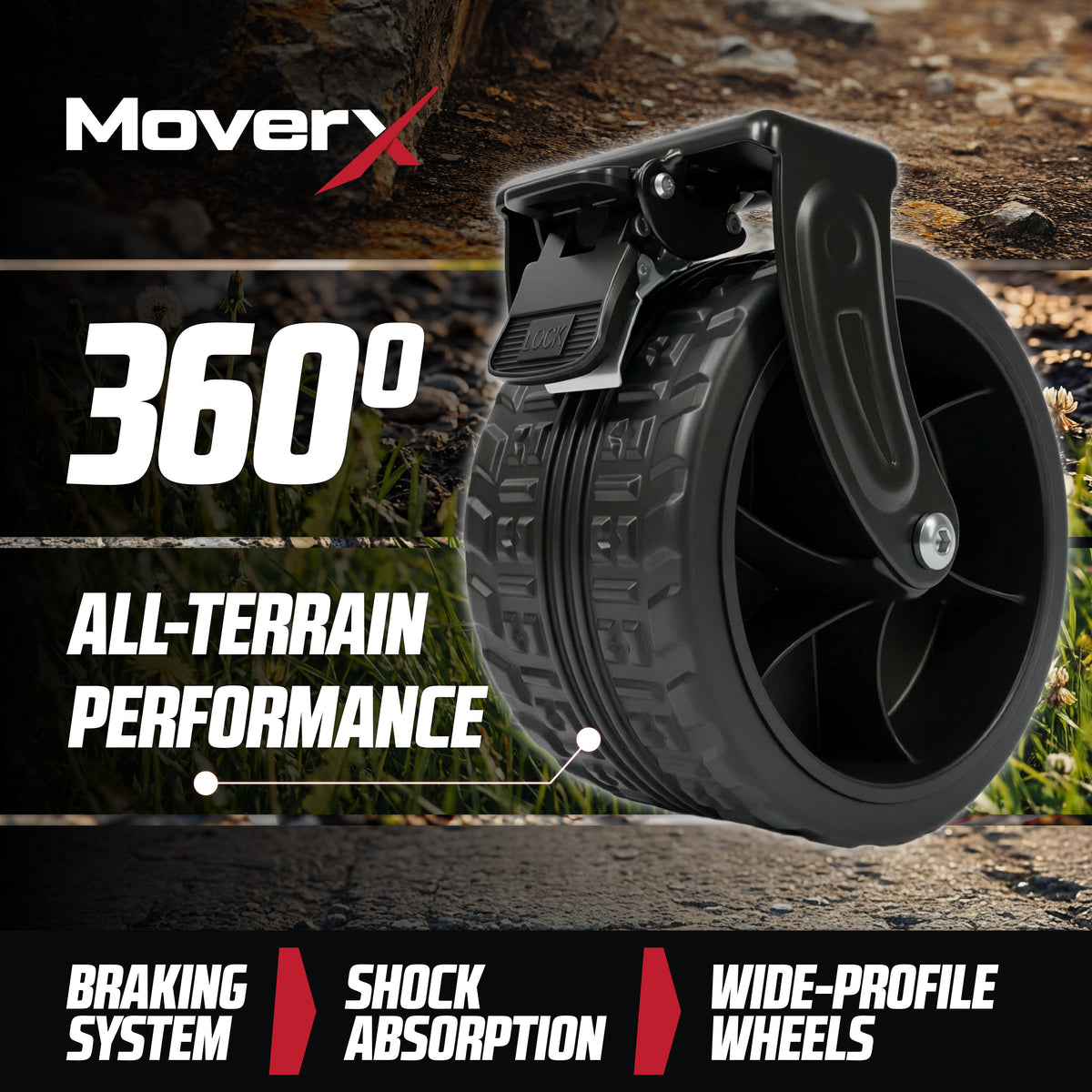 MoverX all-terrain folding trolley wheel with 360-degree rotation and braking system.