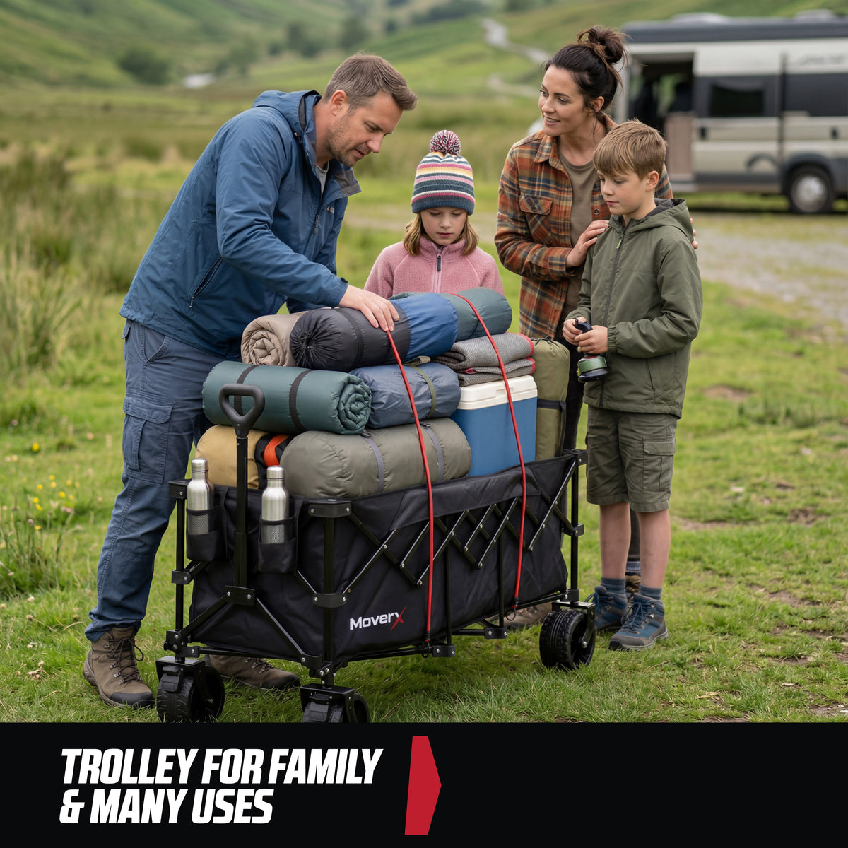 A family loading camping gear into a MoverX folding camping trolley in a grassy field.