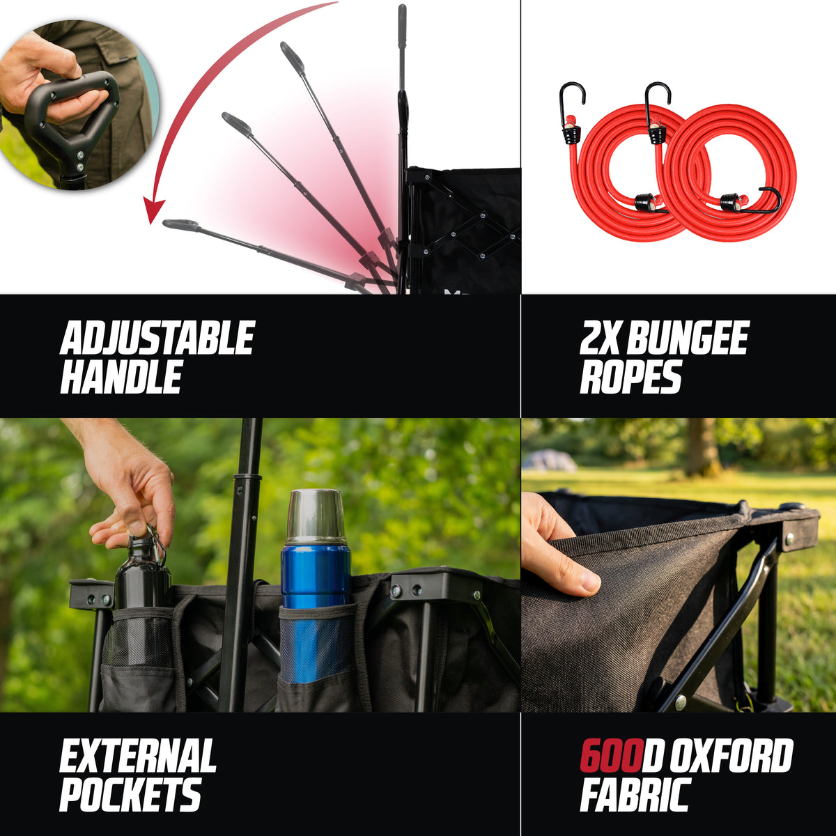 MoverX folding camping trolley features: adjustable handle, bungee ropes, pockets, and 600D fabric.