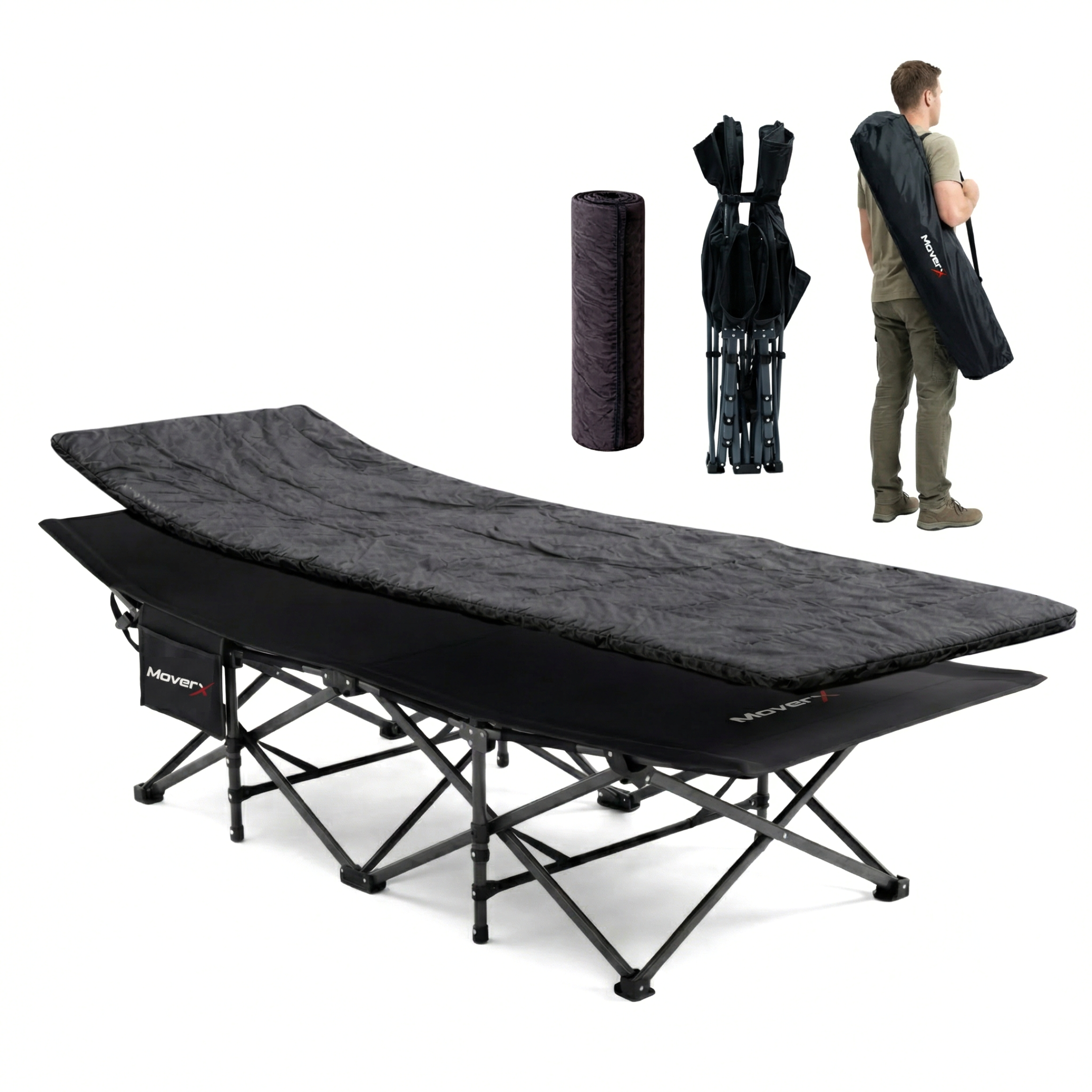 MoverX Folding Camping Bed with Mattress, 160kg, Black