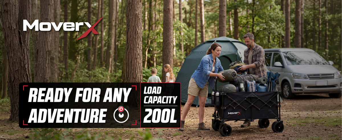 MoverX MX-W200 200L folding camping trolley loaded with camping gear beside a tent - ready for any adventure
