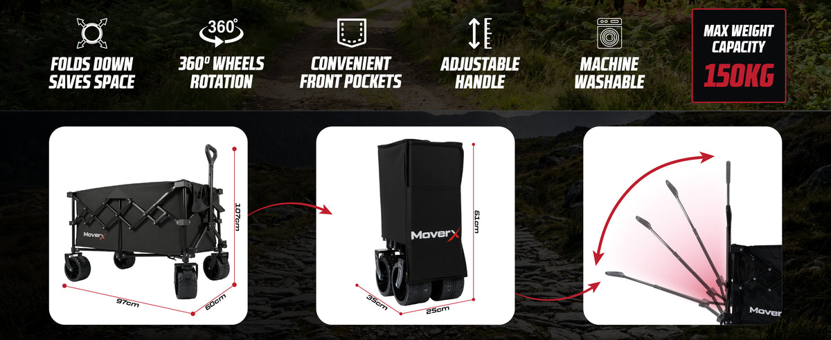 MoverX MX-W200 features - folds down, 360 degree wheels, front pockets, adjustable handle, machine washable, 150kg max weight