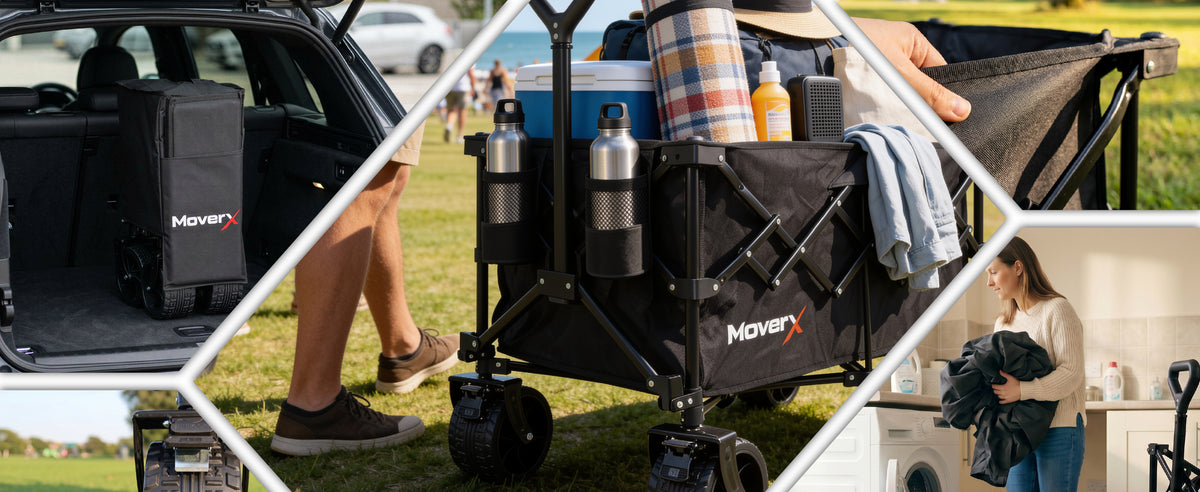 MoverX MX-W200 folded in a car boot, pulled at the beach and fabric being machine washed