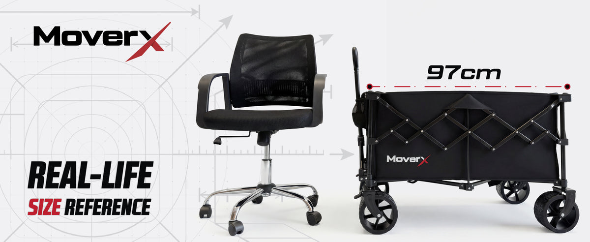 MoverX MX-W200 real-life size reference next to an office chair - 97cm long