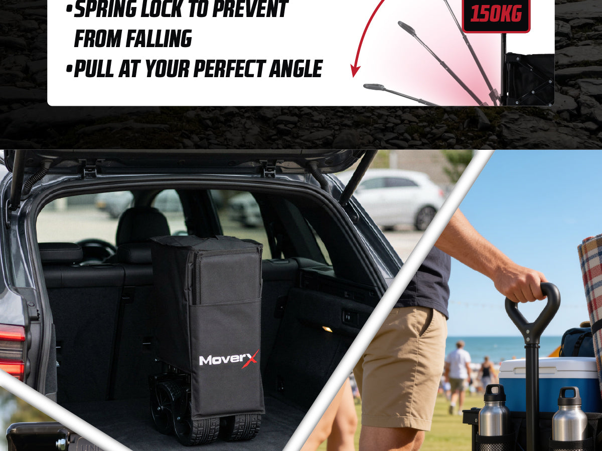MoverX MX-W200 adjustable handle with spring lock, and the trolley folded in a car boot