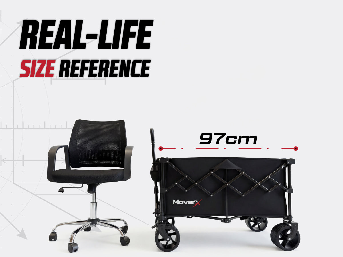 MoverX MX-W200 real-life size reference next to an office chair - 97cm long